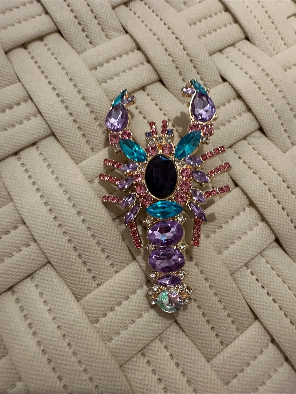 Gold-Tone Multicolor Lobster Brooch - Purple & Teal Crystal Accents
